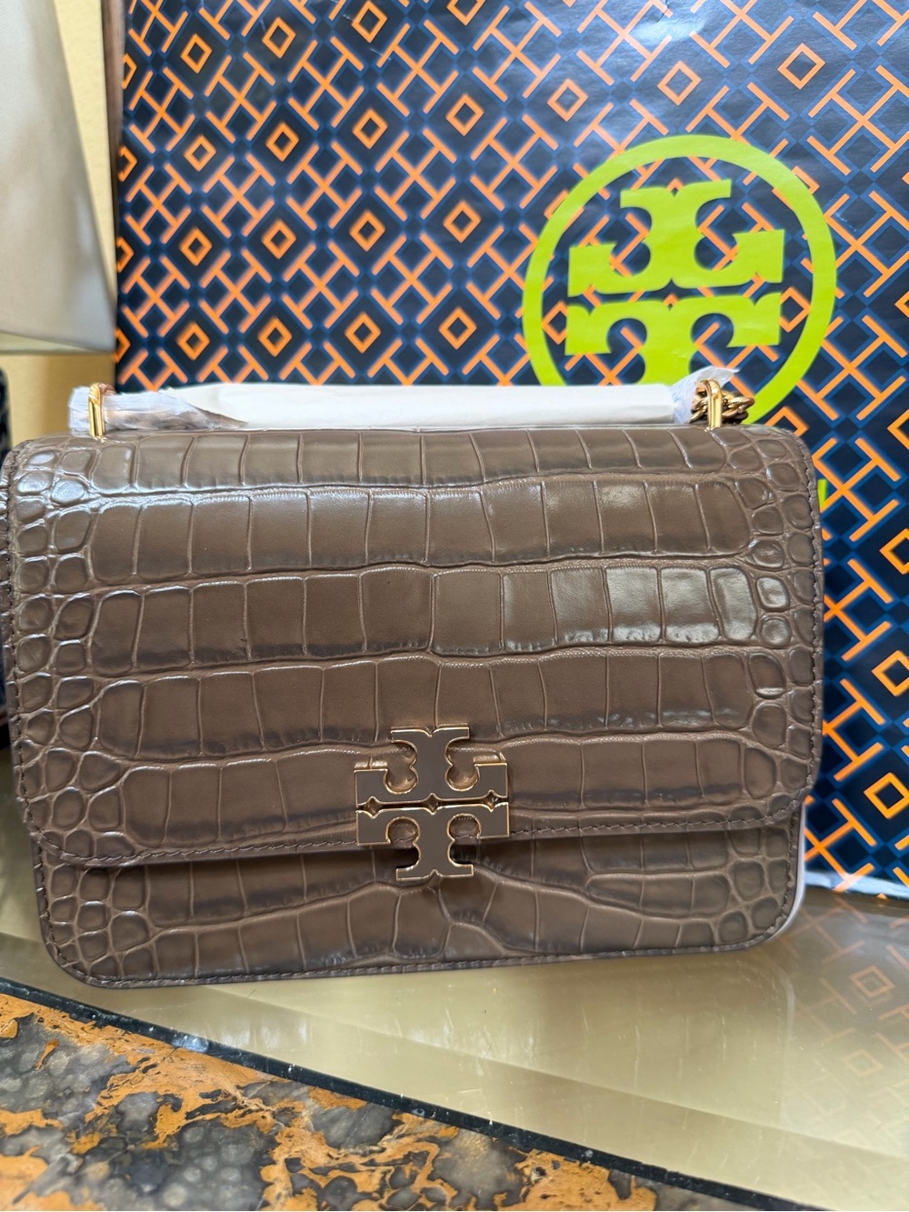 Tory Burch Taupe Croc-Embossed Shoulder Bag with Gold Chain